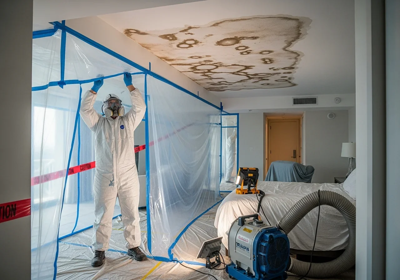 Mold remediation containment barriers installed in an Aventura Florida luxury condominium during active remediation work