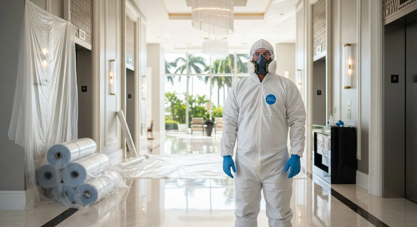 DBPR-licensed mold remediation technician in white Tyvek suit with containment equipment in the lobby of an Aventura Florida high-rise condominium