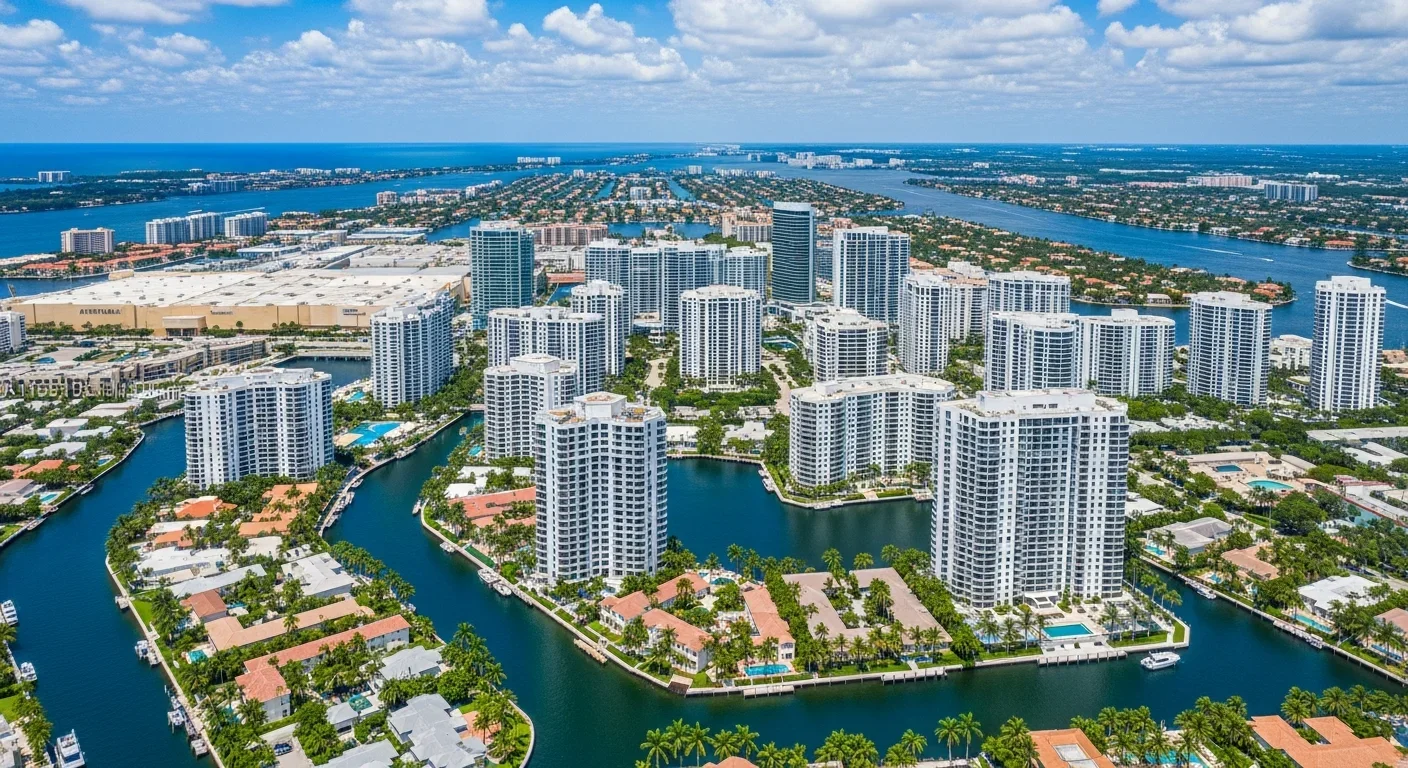Aerial view of Williams Island luxury high-rise condominium towers in Aventura Florida showing bayfront guard-gated condo community with Miami-Dade HOA governance