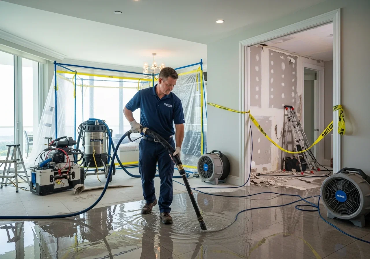 Palm Build crew performing emergency water extraction at an Aventura high-rise condo property