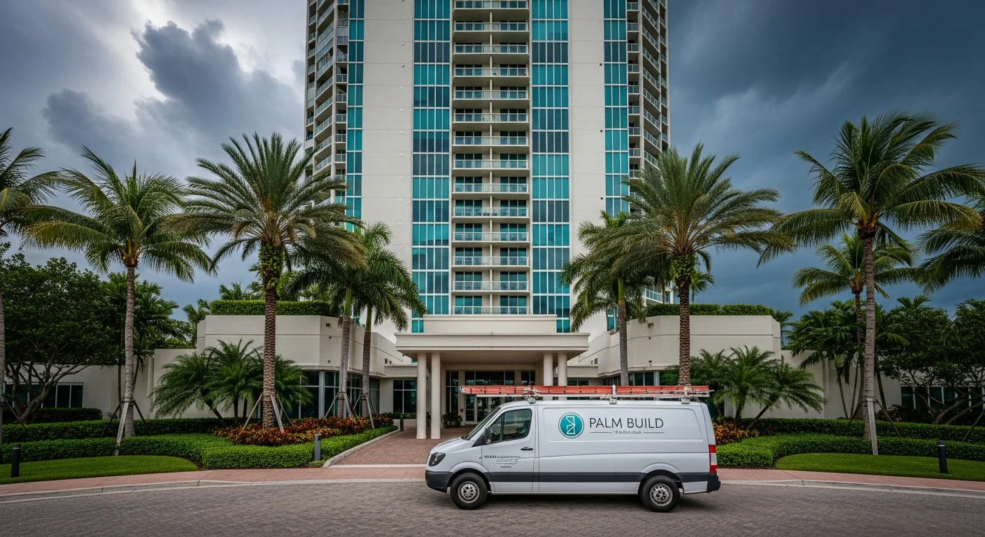 Palm Build restoration van parked outside a luxury high-rise condominium tower in Aventura, Florida with stormy South Florida sky in background