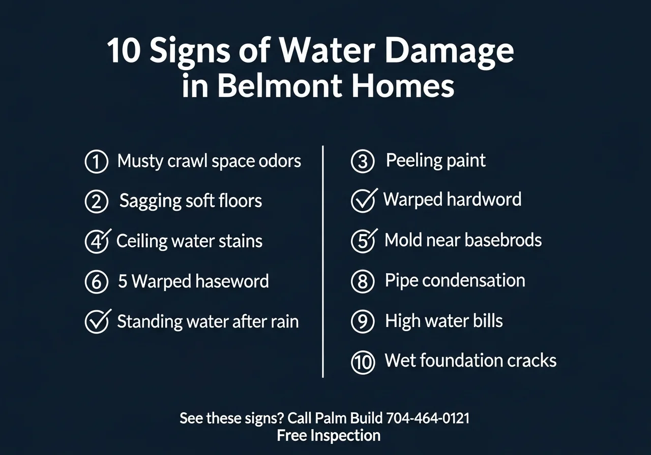 Infographic showing 10 warning signs of water damage and mold risk in Belmont NC homes