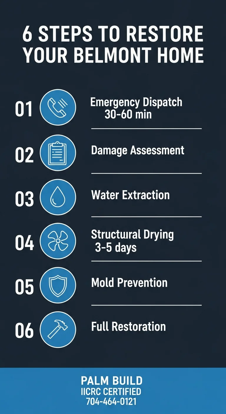 Infographic showing Palm Build's 6-step water damage restoration process for Belmont NC homes