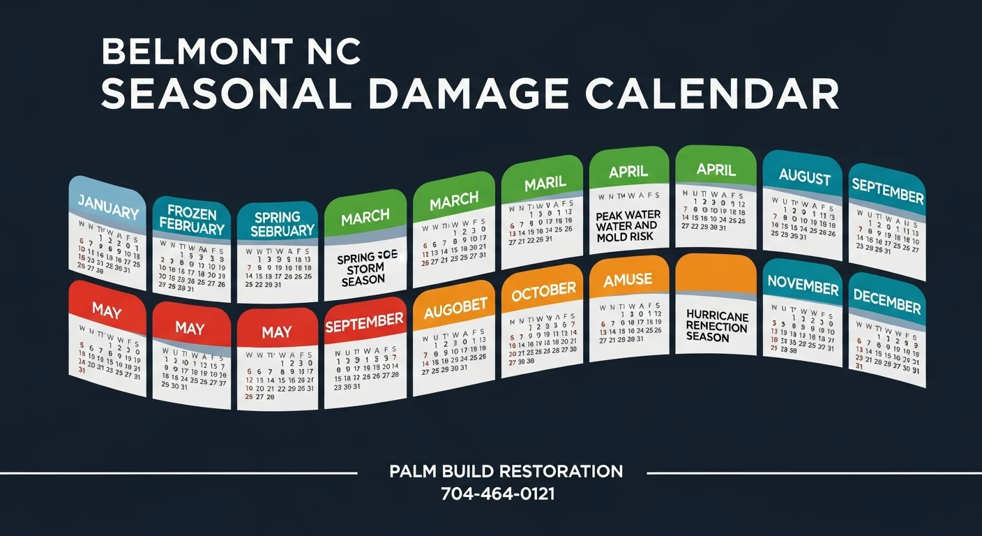 Seasonal damage calendar infographic for Belmont NC showing month-by-month water damage risk levels