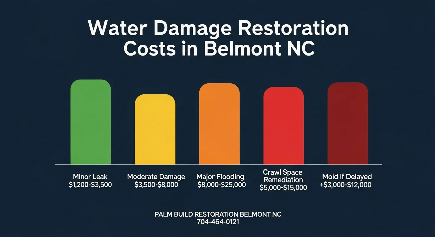 Infographic showing water damage restoration cost ranges in Belmont NC from minor leak cleanup to major flooding