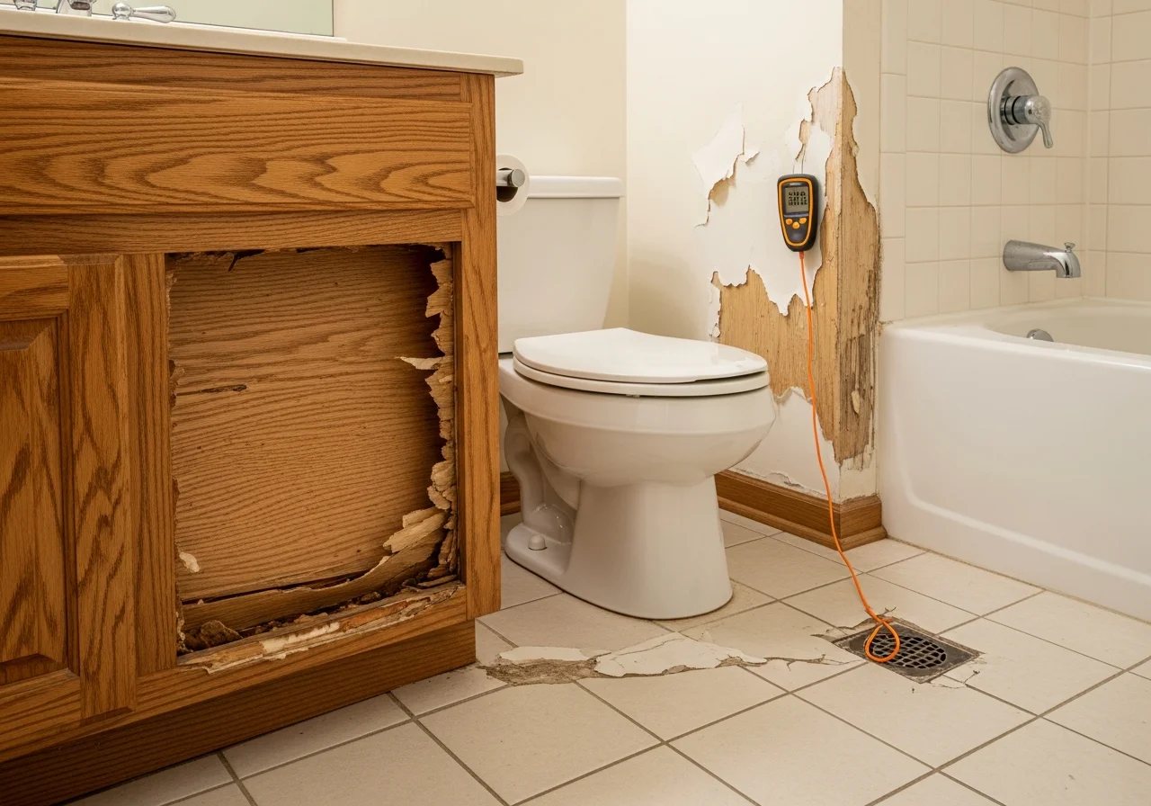 Close-up of water damage to bathroom vanity cabinet and wall in a Belmont NC home showing delamination and moisture
