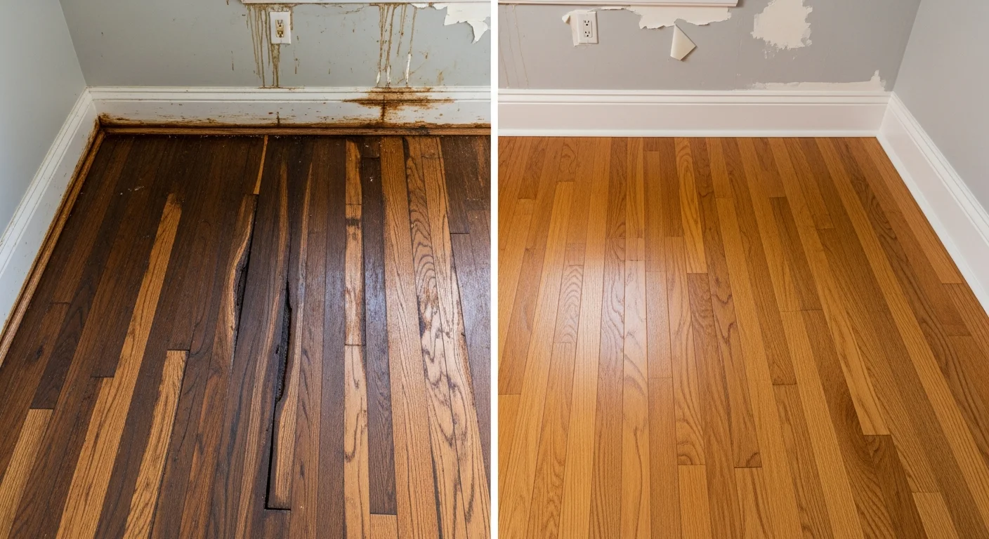 Before and after hardwood floor restoration following fire and smoke damage in Belmont, NC