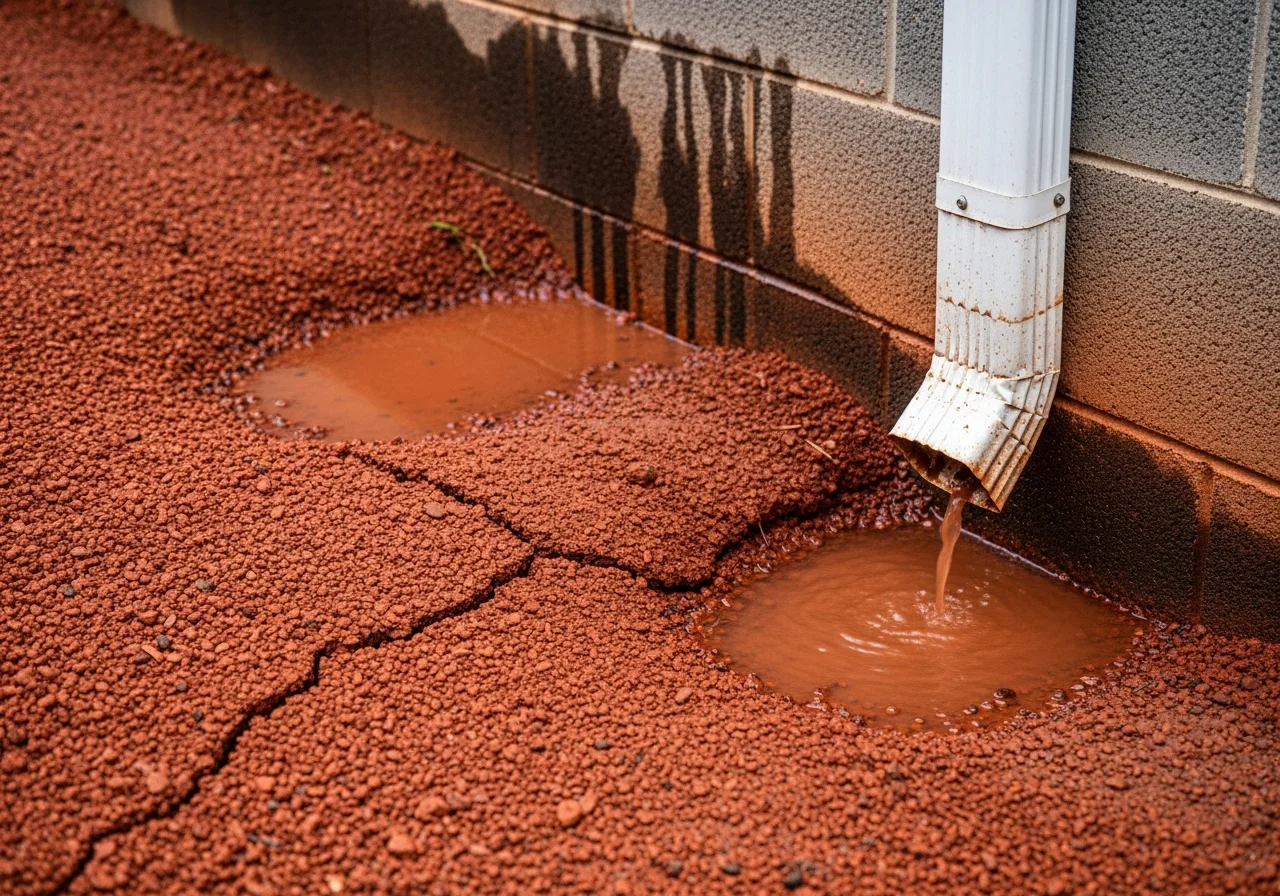 Piedmont clay soil holding moisture against a Belmont NC home foundation showing drainage issues typical of Gaston County