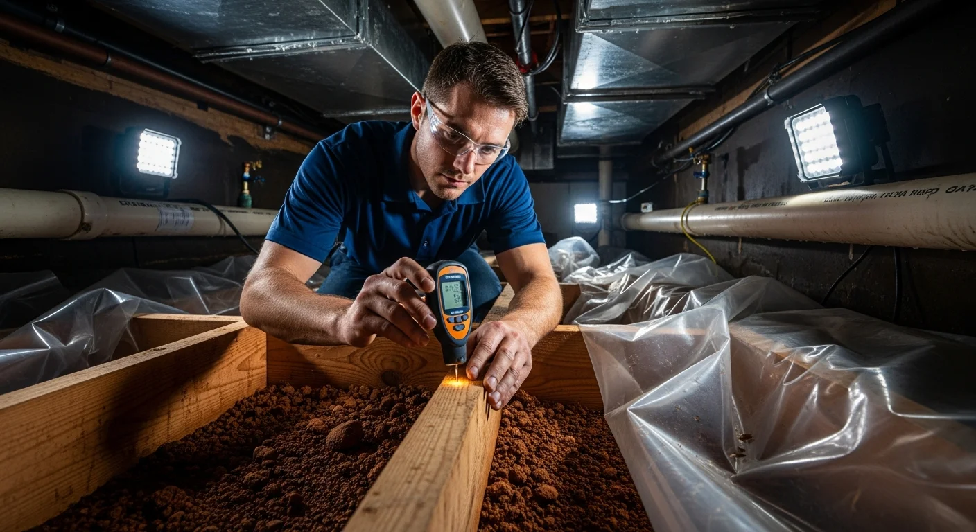Restoration technician inspecting moisture damage on floor joists in a Belmont NC crawl space