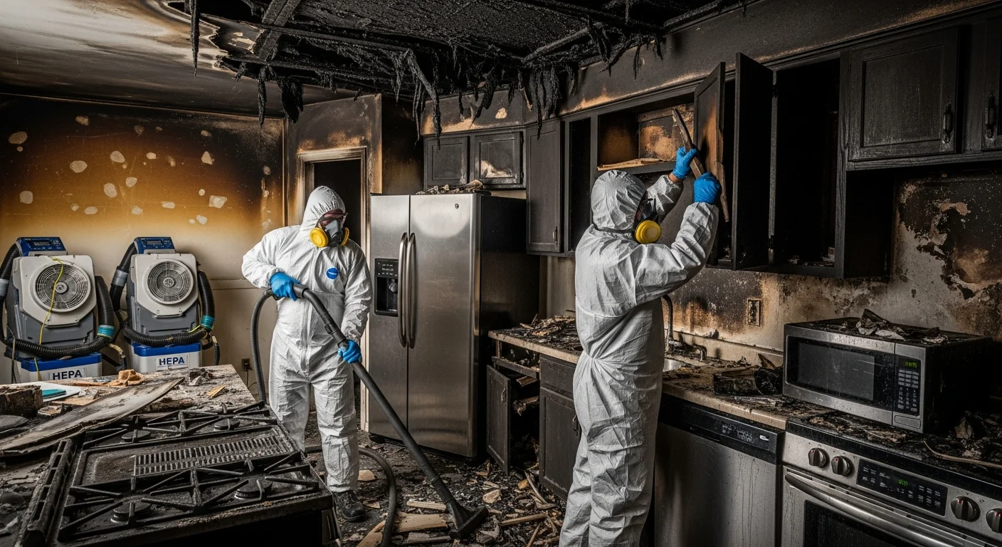 Palm Build fire and smoke restoration crew working at a fire-damaged Belmont, North Carolina home with professional cleaning equipment and HEPA air scrubbers