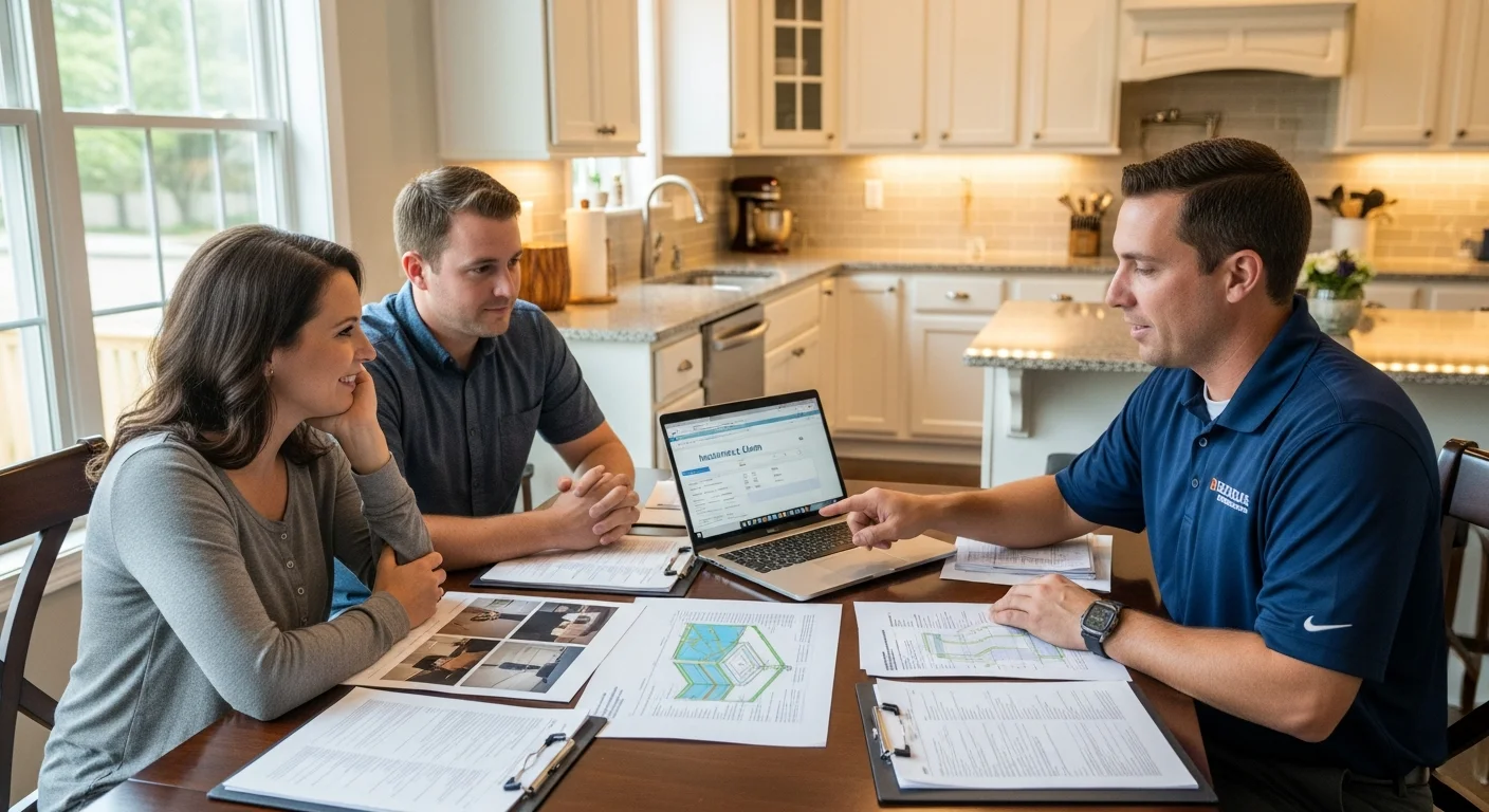 Palm Build insurance restoration specialist reviewing claim documentation with a Belmont NC homeowner at the kitchen table