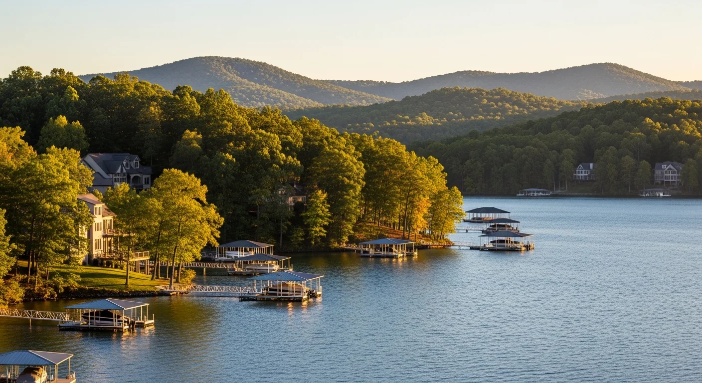 Lake Wylie shoreline near Belmont NC with residential docks and wooded Piedmont landscape