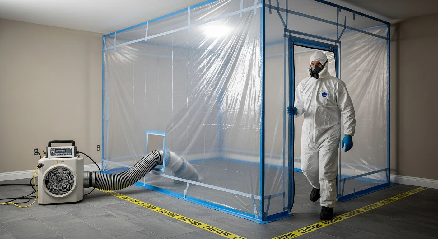 Professional mold remediation containment barrier with HEPA air scrubber setup in a Belmont NC home