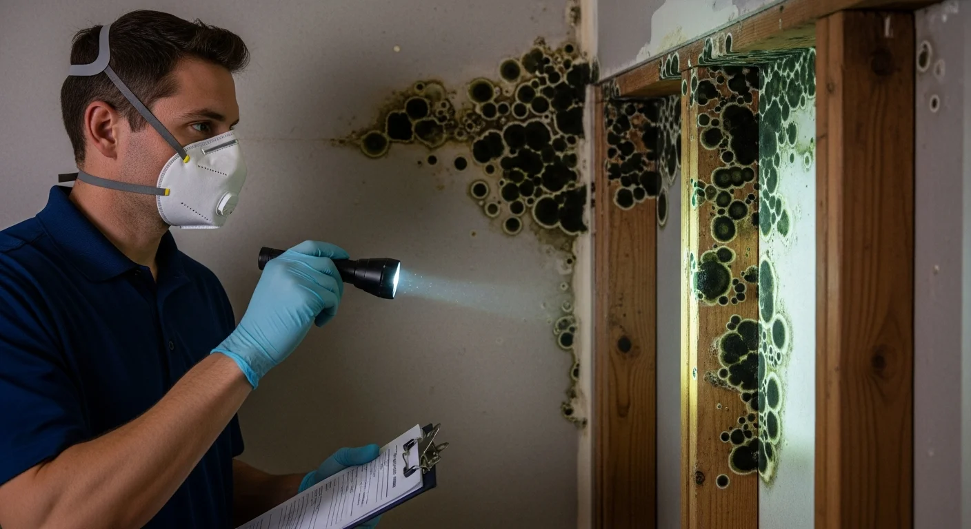 Mold inspection in a Belmont NC crawl space with moisture meter readings on structural wood showing elevated levels