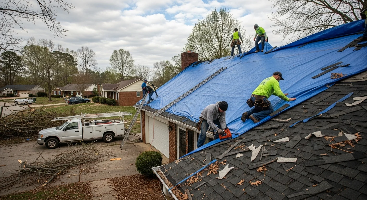 Palm Build crew performing emergency roof tarping on a storm-damaged Belmont NC home