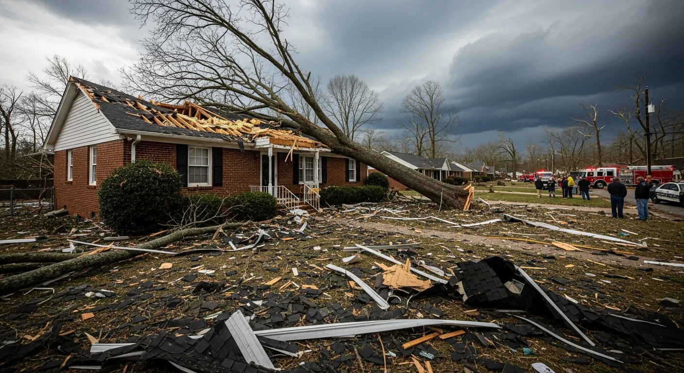 Storm damage to a residential home in Belmont NC with fallen tree limbs and damaged roofing after severe weather in Gaston County