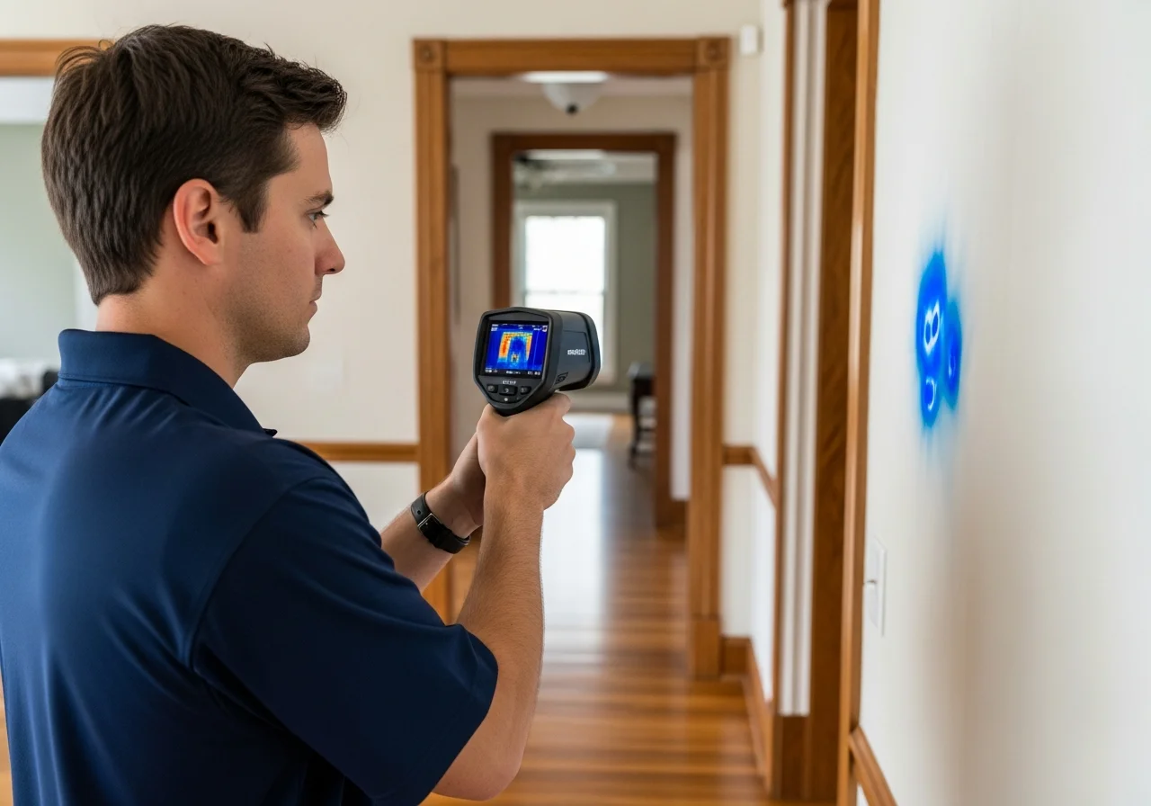 Restoration technician using infrared thermal imaging camera to detect hidden water damage in Belmont NC home