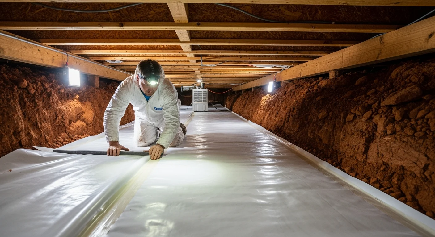 Palm Build crew installing reinforced vapor barrier in a Belmont NC crawl space as part of full encapsulation project