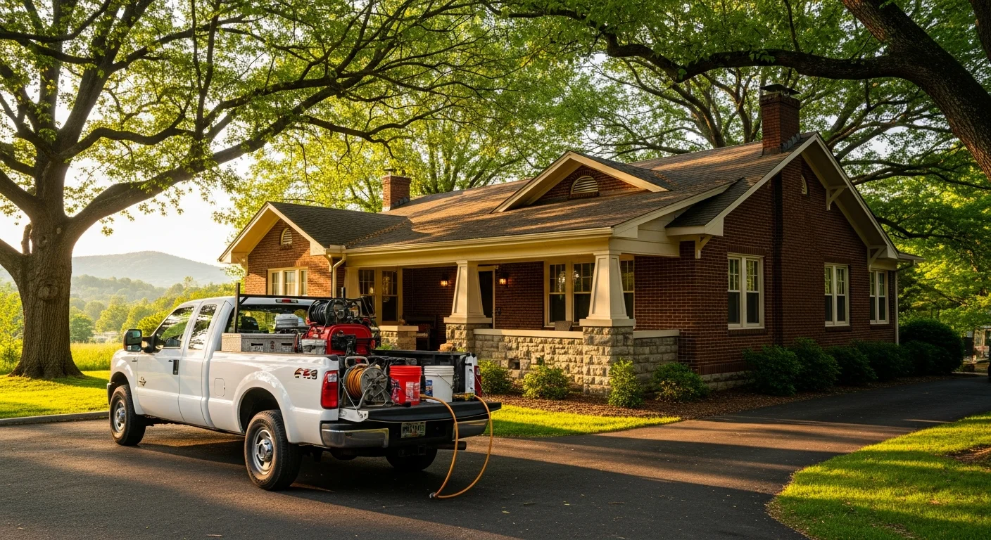 Palm Build restoration truck parked at a Belmont, North Carolina craftsman bungalow home with mature oak trees and Piedmont landscape
