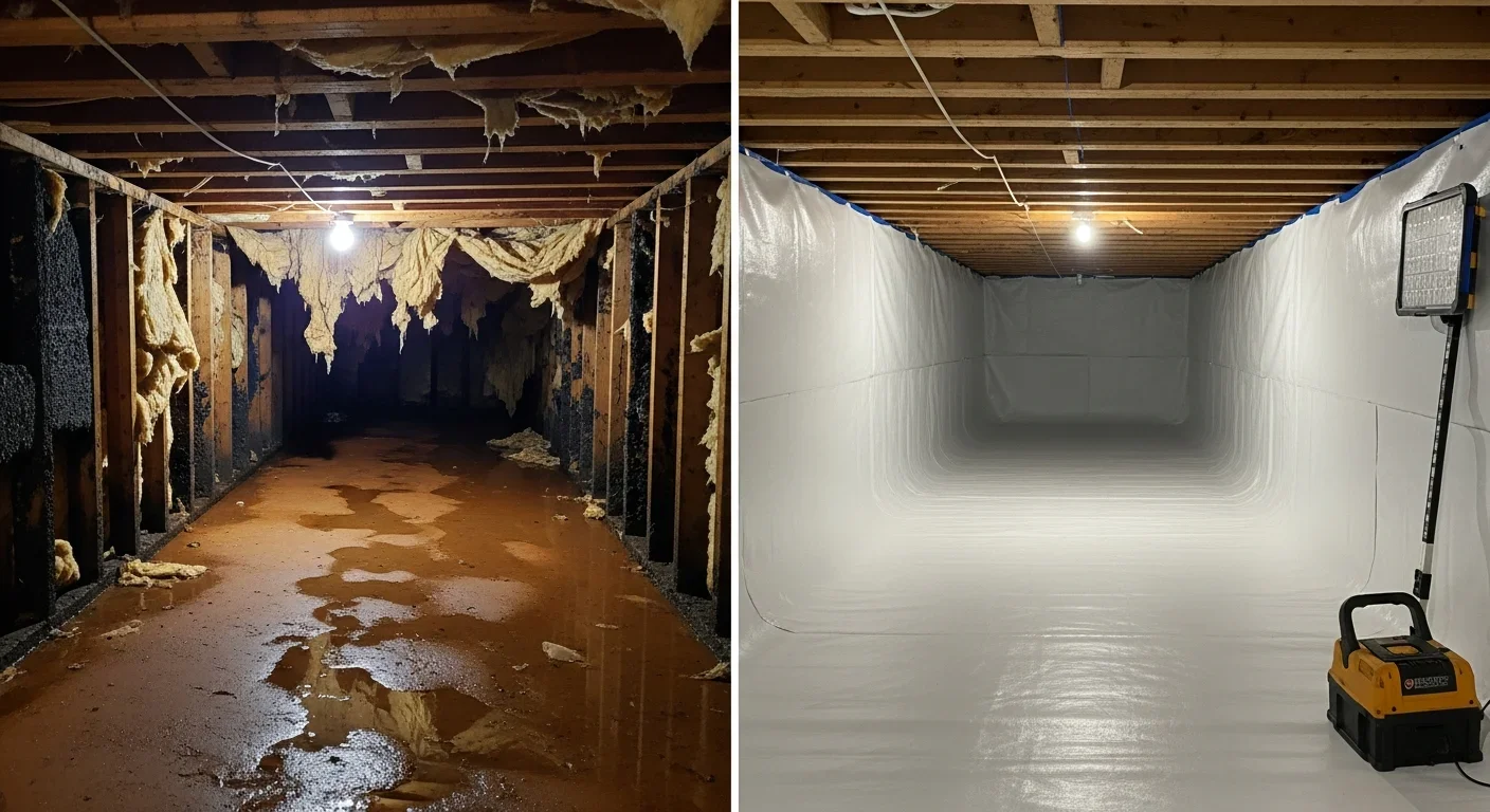 Before and after mold remediation in a Bessemer City NC crawl space — treated joists and vapor barrier installation