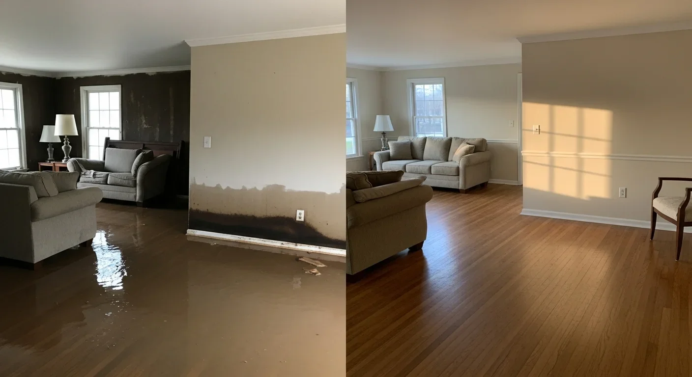 Before and after water damage restoration in a Bessemer City NC living room showing hardwood floor extraction and full structural drying