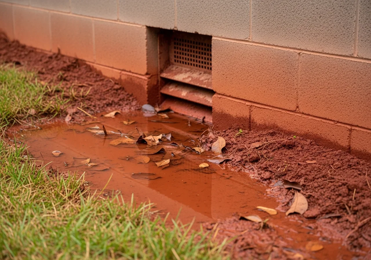Red clay soil drainage issue around a Bessemer City NC home foundation showing typical water intrusion pathway