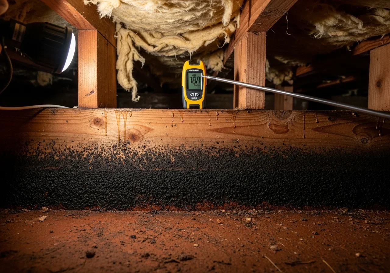 Moisture damage and mold growth in a Bessemer City NC crawl space with clay soil vapor intrusion