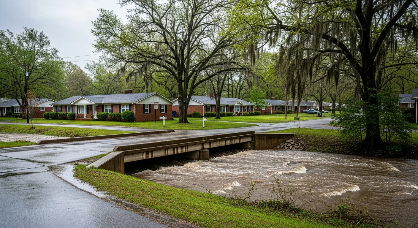 Crowders Creek swollen after heavy rain near Bessemer City North Carolina residential area showing flood potential