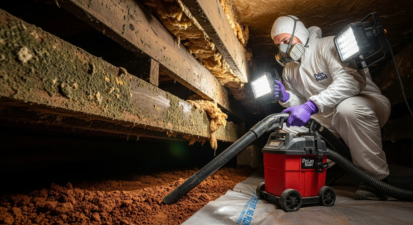 Palm Build mold remediation technician in full PPE performing crawl space mold removal in a Bessemer City North Carolina home