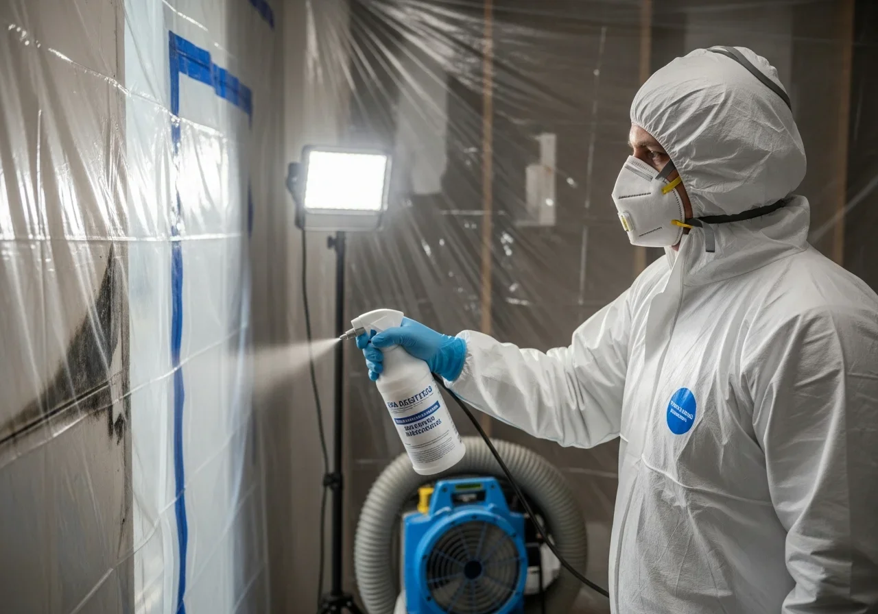 Palm Build technician applying antimicrobial treatment to mold-affected drywall in a Bessemer City NC home after HEPA vacuuming