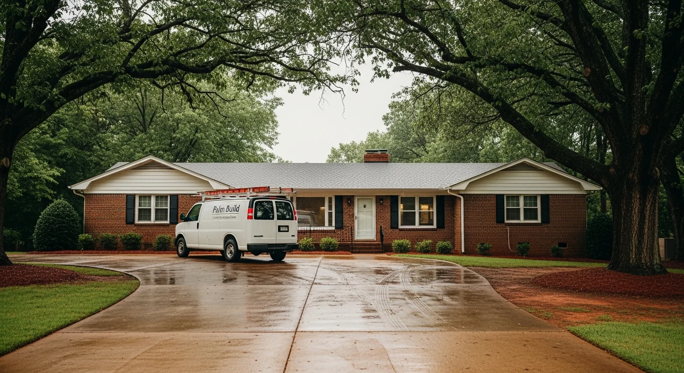 Palm Build restoration van parked in front of a 1960s brick ranch home in Bessemer City North Carolina after heavy rain, wet pavement and mature oak trees visible