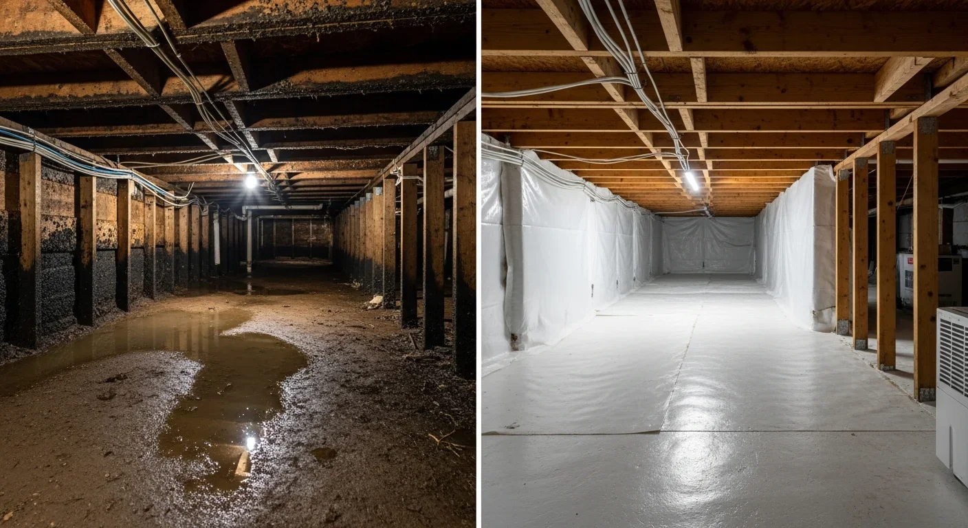 Before and after mold remediation in a Blacksburg South Carolina crawl space showing mold-covered joists fully remediated and encapsulated