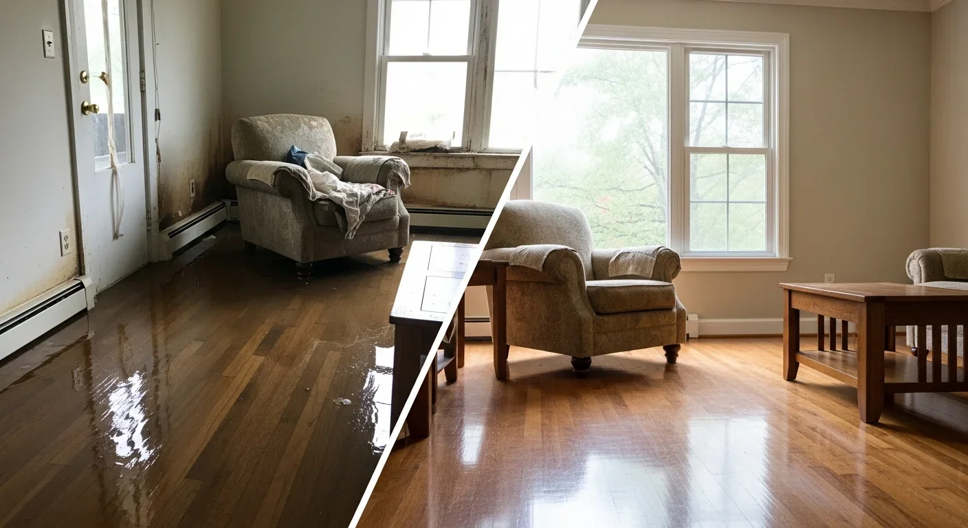 Before and after water damage restoration in a Blacksburg South Carolina home showing flooded floors fully restored
