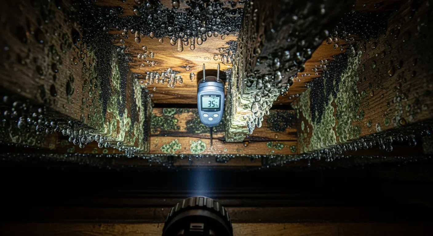 Crawl space moisture and mold on wooden joists in Blacksburg South Carolina home before remediation