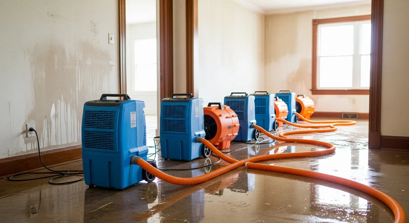 Commercial dehumidifiers and air movers arranged for drying in a water-damaged Blacksburg South Carolina home