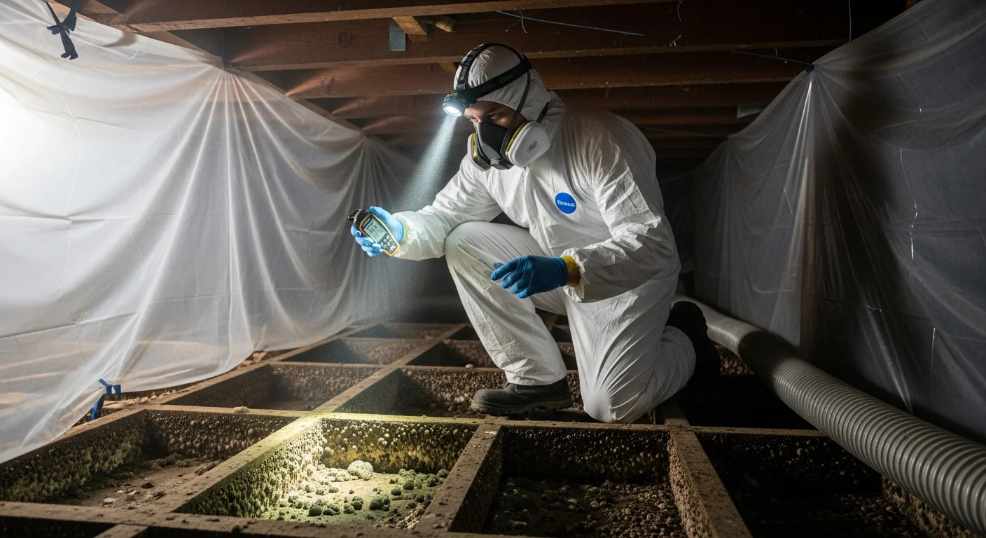 Palm Build mold remediation technician in full PPE performing crawl space mold removal in a Blacksburg South Carolina home