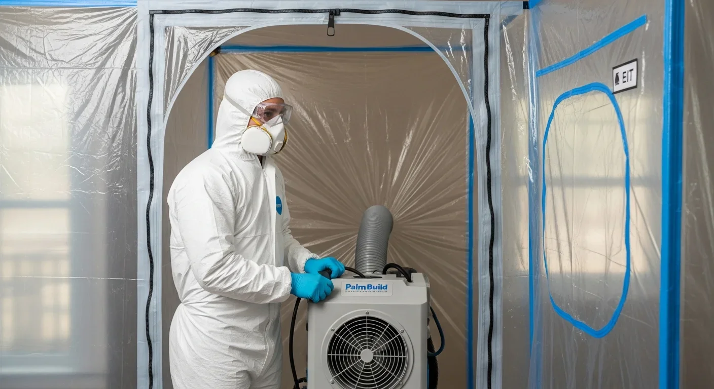 Palm Build technician in full PPE performing mold remediation in containment zone in Blacksburg South Carolina