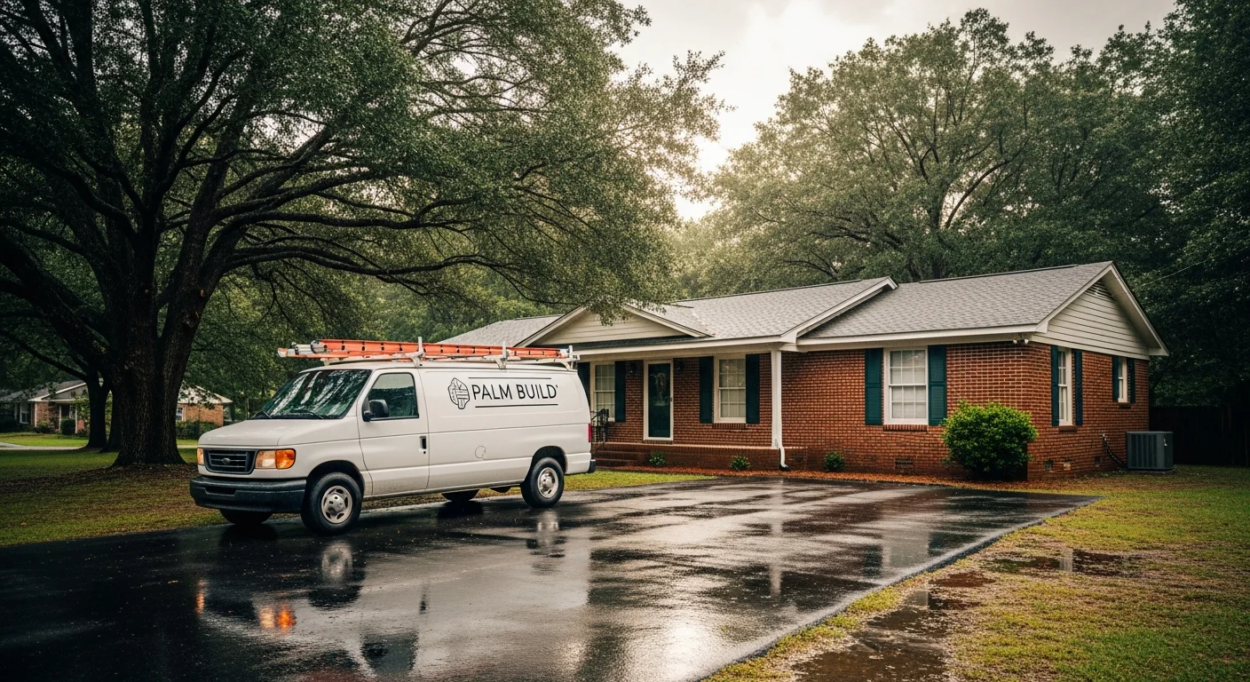 Palm Build restoration van parked in front of a 1970s brick ranch home in Blacksburg South Carolina after heavy rain, wet pavement and mature oak trees visible