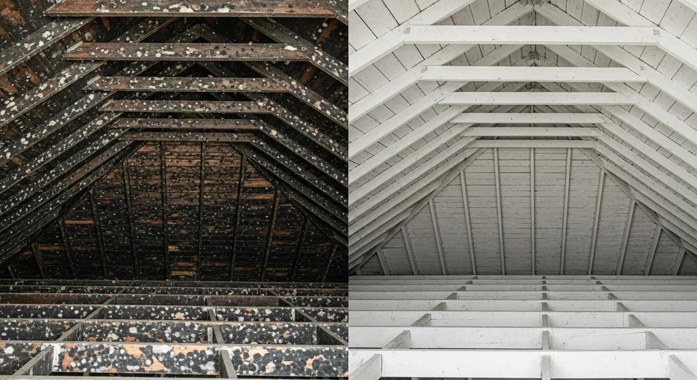 Before-and-after mold remediation in a Blythewood South Carolina attic — left showing extensive black mold on roof decking, right showing clean treated wood after professional IICRC S520 remediation