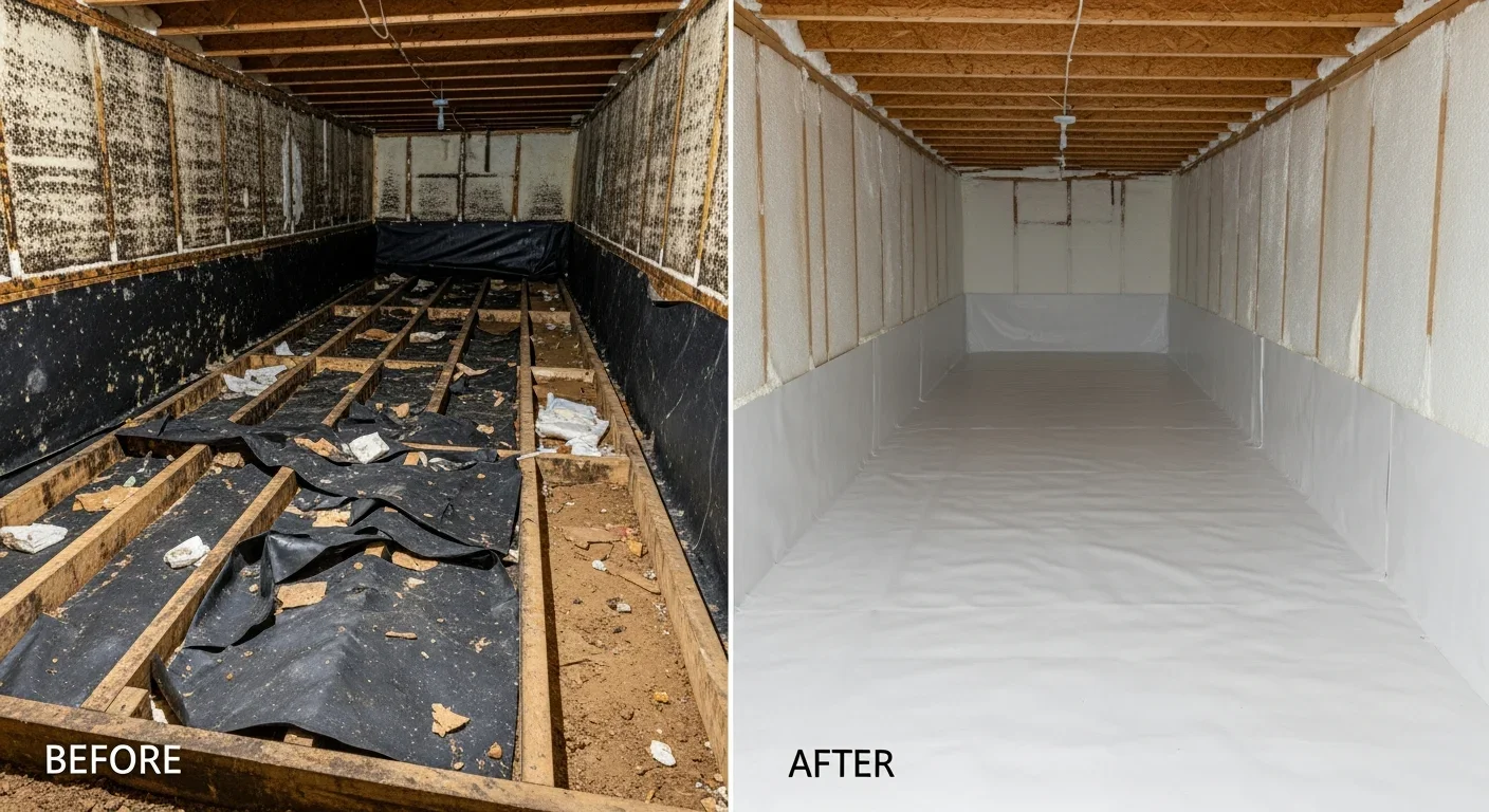 Before-and-after crawl space mold remediation beneath Blythewood South Carolina home — extensive floor joist mold on left, clean encapsulated crawl space on right with new vapor barrier