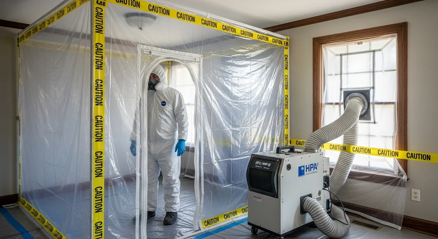 Palm Build mold remediation containment setup inside a Blythewood South Carolina home — polyethylene barrier with zipper entry, HEPA air scrubber with exhaust hose, technician in full white Tyvek PPE