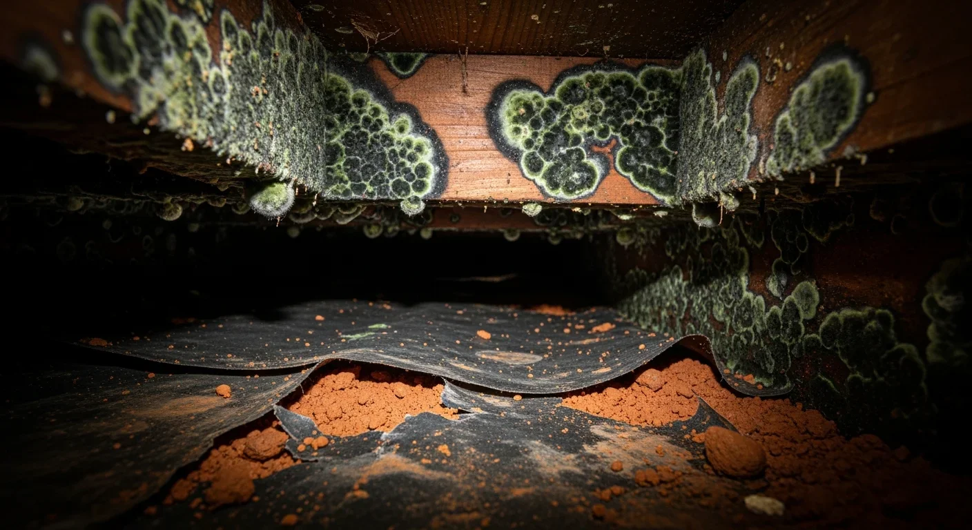 Mold-covered floor joists and rim joists in a Blythewood South Carolina crawl space — dark green and black mold colonies visible on wood surfaces with degraded vapor barrier on ground