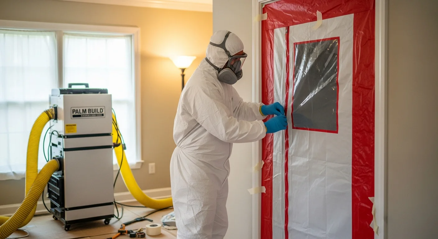 Palm Build technician in full white Tyvek PPE setting up polyethylene containment barrier in a Blythewood, South Carolina home with HEPA air scrubber visible in background
