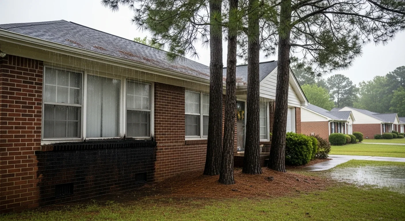 Brick ranch home in Blythewood South Carolina with moisture staining under window sills and pine trees providing shade — conditions that accelerate mold growth in Richland County homes