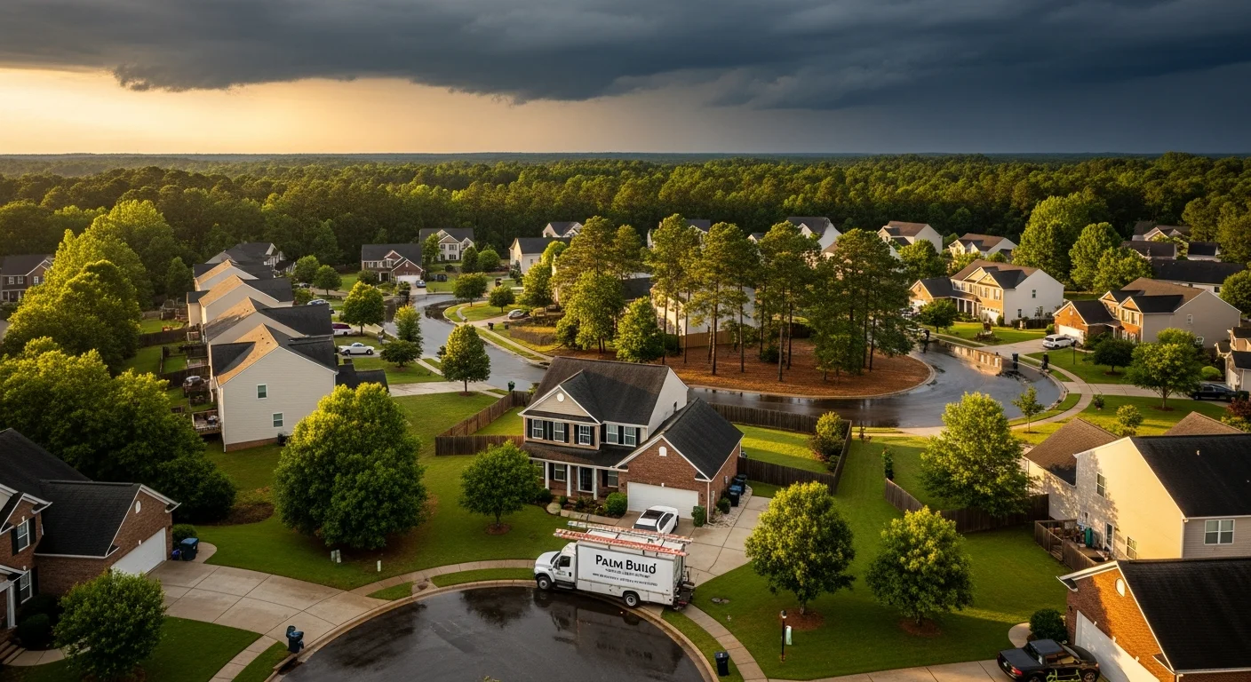 Palm Build restoration truck parked in the driveway of a brick two-story suburban home in Blythewood, South Carolina after a severe thunderstorm with storm clouds breaking overhead