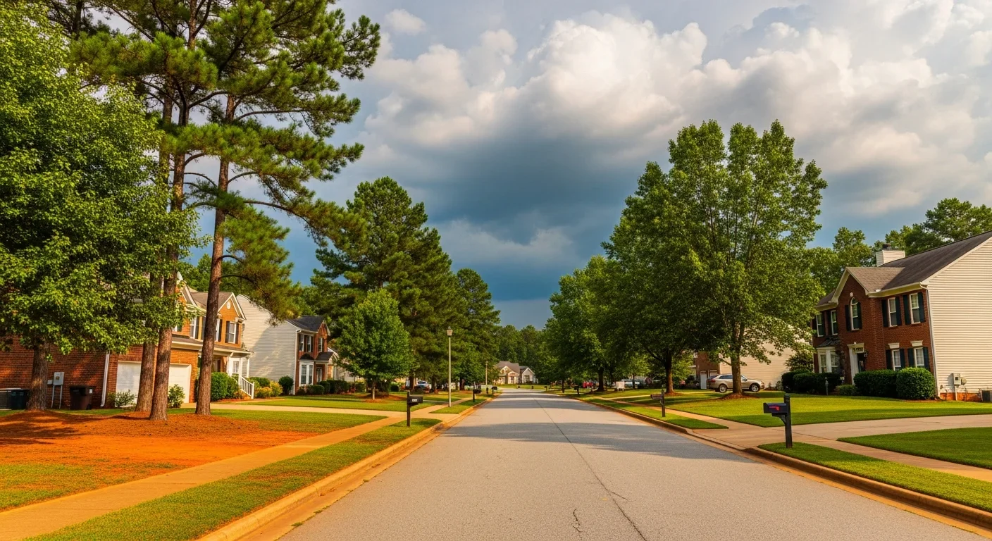 Typical Blythewood South Carolina residential subdivision street with brick and vinyl suburban homes, pine trees, and red clay soil — Palm Build serves all neighborhoods in the 29016 area
