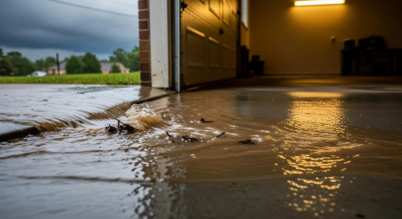 Stormwater flooding entering a Blythewood South Carolina suburban home garage during a heavy rain event — brown muddy water on concrete floor with storm clouds visible outside
