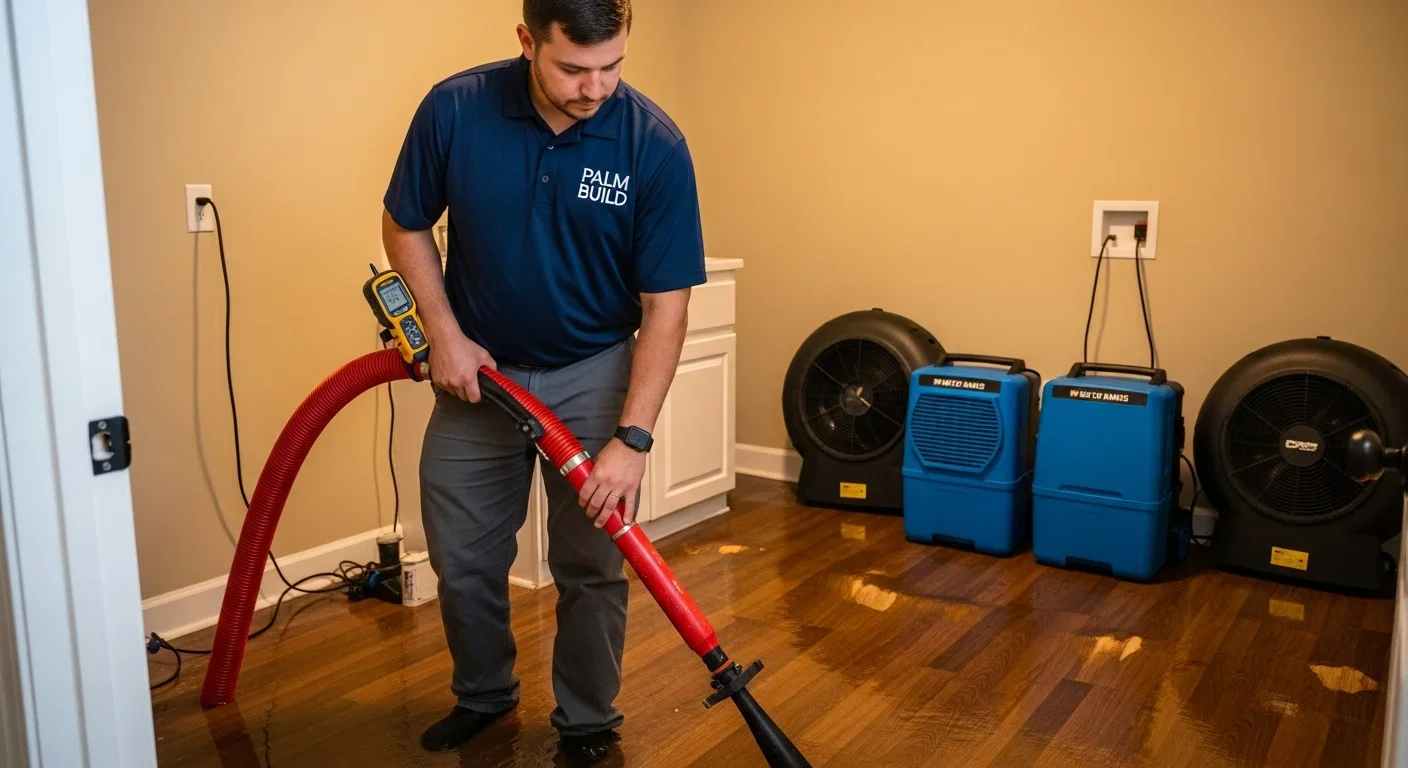 Palm Build restoration technician using truck-mounted extraction equipment to remove water from a Blythewood South Carolina home — moisture meters and dehumidifiers staged in background