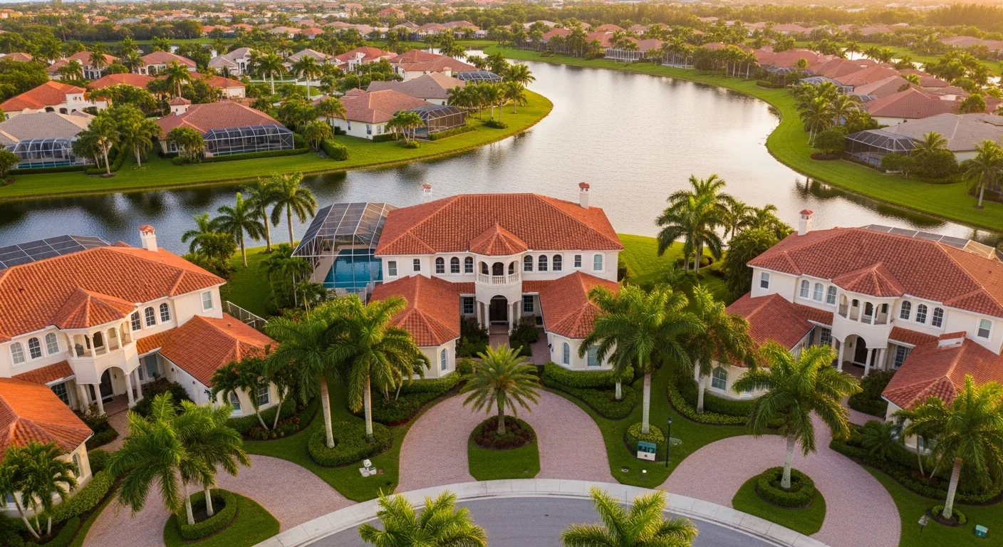 Aerial view of luxury gated community in Boca Raton FL showing HOA-governed properties and manicured grounds