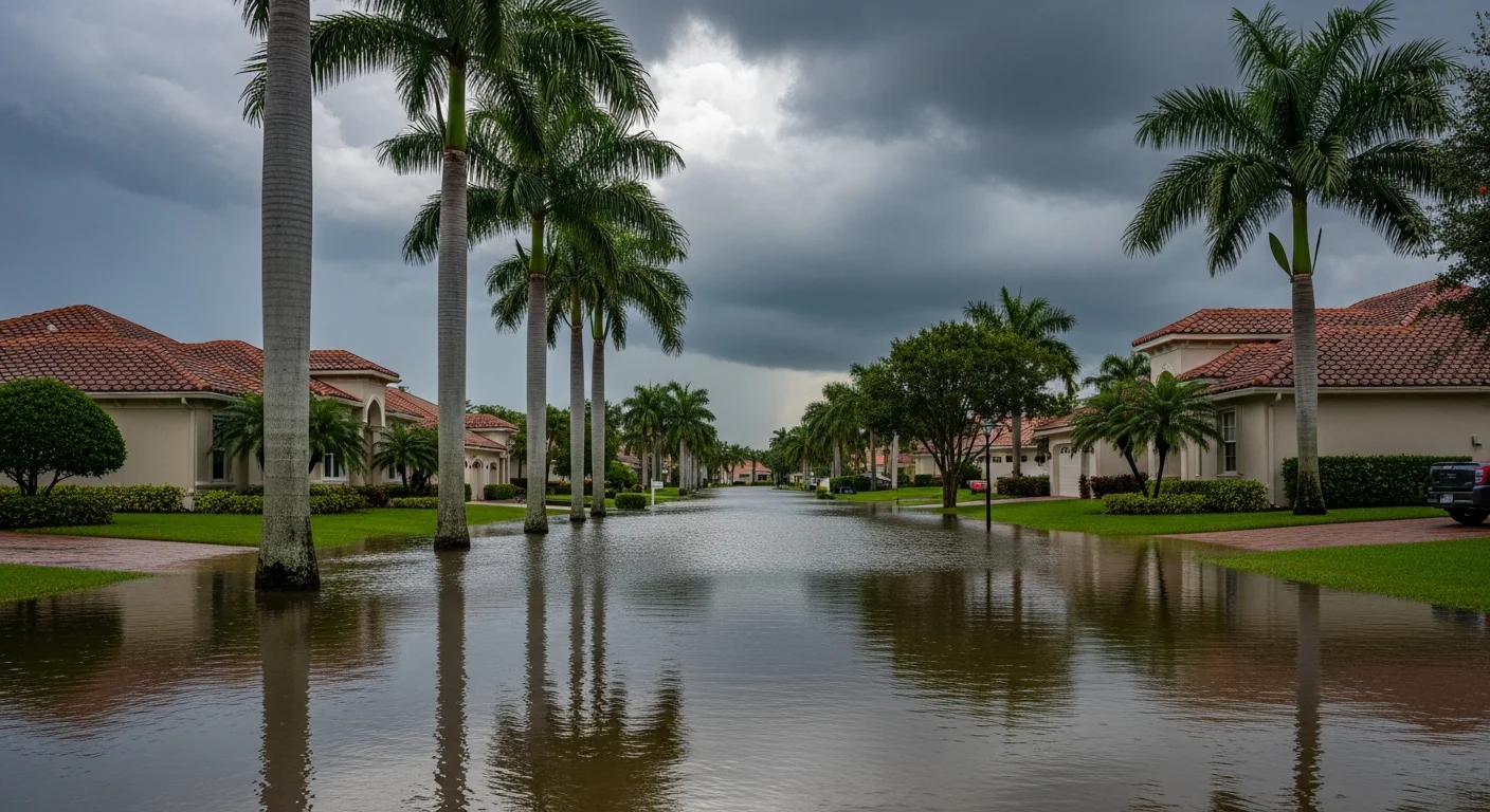 Flooded residential street in Boca Raton FL during severe storm event with water covering roadway and approaching homes
